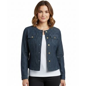 Live a Little Dark Wash Denim Collarless  Gold Button Closure Jacket